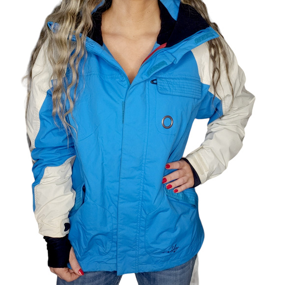 Oakley Jacket Mens Medium Blue White Colorblock Snowboarding Ski Graffiti - Picture 2 of 15